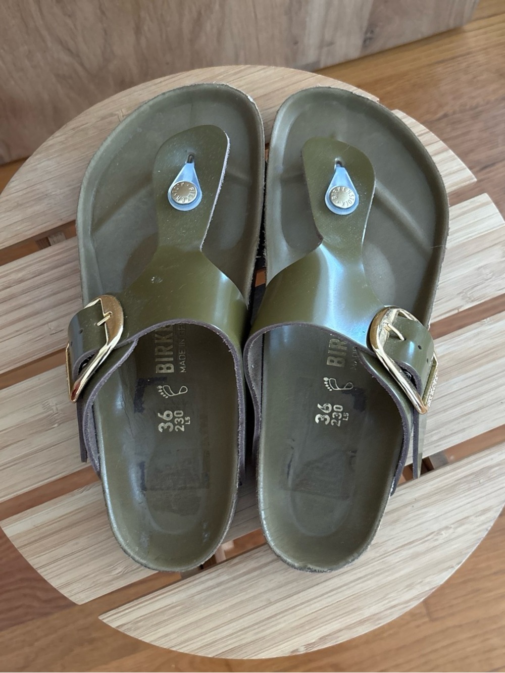 Birkenstock Women Olive Green Gizeh Sandals with Gold Buckle